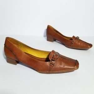 Hispanitas Brown Leather Square Toe Low Heel Loafers | Women's 7.5